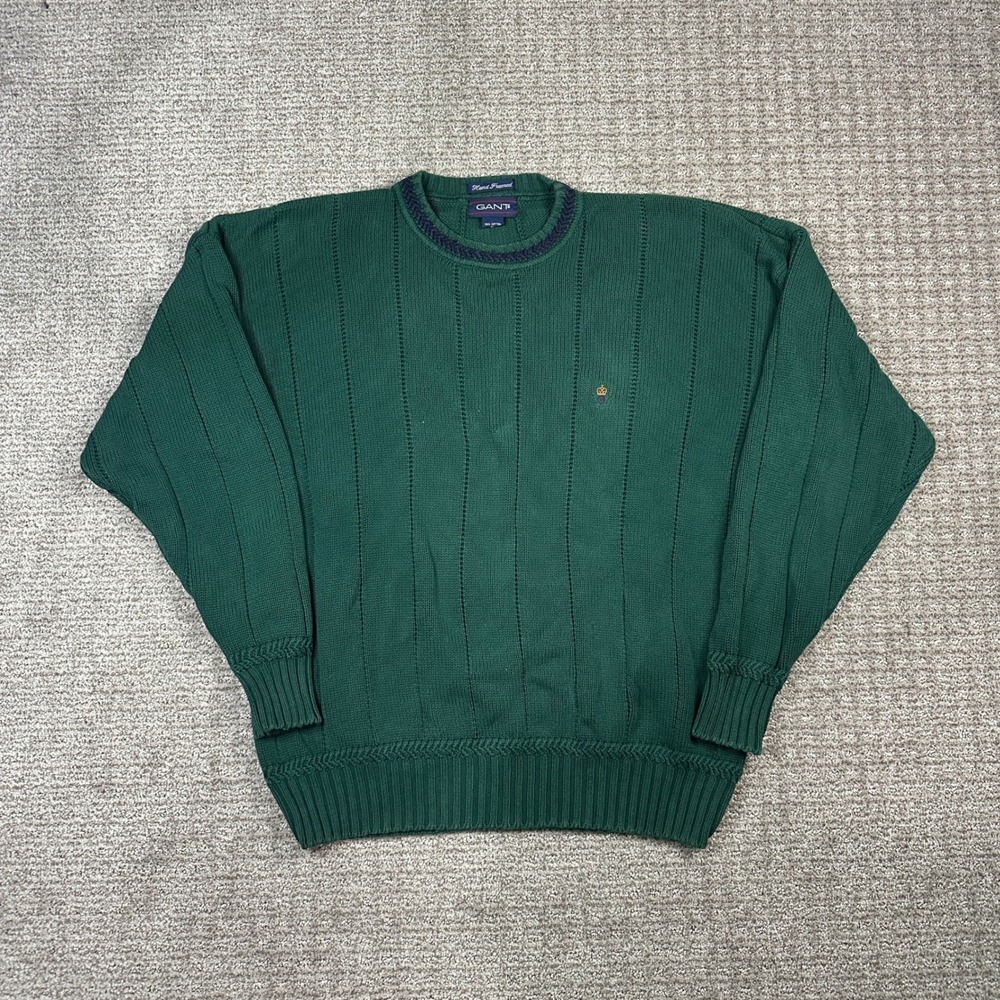 Vintage Gant Mens XL Green Hand Framed 100% Cotton Cable Knit Crewneck Sweater
